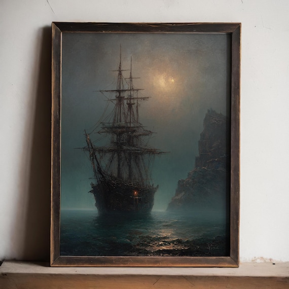 Ghost Ship Wall Art | Vintage Ocean Aesthetic Painting | Gothic Dark Sea Pirate Art Print | Dark Academia Decor | Moody Antique Oil Painting