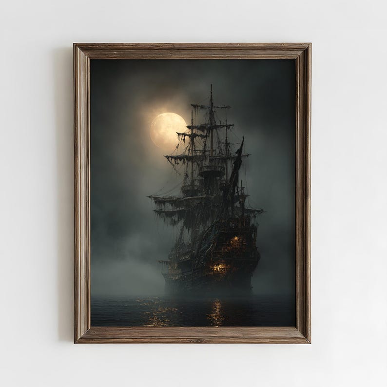 May include: A framed print depicts a ghostly pirate ship sailing on a dark sea under a full moon. The ship is silhouetted against the moon, with tattered sails and glowing lights. The artwork is framed in a brown wooden frame.
