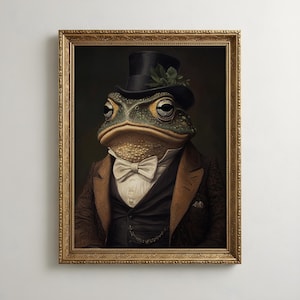 May include: A framed portrait of a toad wearing a black top hat with green leaves, a brown textured coat, a dark vest, and a white bow tie. The toad has a mottled green and tan complexion and is depicted in a formal, anthropomorphic style.