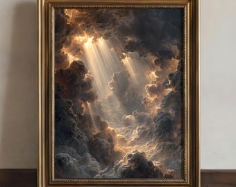 May include: A framed wall art print depicting a dramatic sky filled with dark, voluminous storm clouds. Bright golden sunlight breaks through the dense cloud cover, casting distinct, radiant beams of light downward into the shadowed atmosphere.