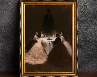 May include: A framed wall art print depicting a group of people in period clothing gathered around a table with candles, holding hands in a circle. A dark, shadowy figure stands in the background. The artwork is enclosed in a gold-toned ornate frame.