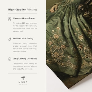 May include: A high-quality art print featuring a detailed painting of a voluminous sage green gown with intricate gold floral embroidery. The text includes High-Quality Printing, Museum-Grade Paper, Archival Ink Printing, Long-Lasting Durability, and NORA ART STUDIO.