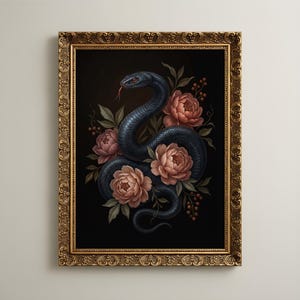 Lámina decorativa de serpiente y peonía / Decoración botánica gótica para pared / Decoración estilo academia oscura / Obra de arte de flor de serpiente / Decoración victoriana para habitaciones con temática ocultista
