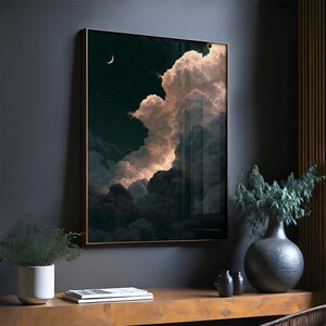 May include: A rectangular wall art print featuring a night sky with a crescent moon and scattered stars above large, voluminous clouds illuminated in soft pink and white tones against a deep dark blue and black background.