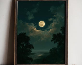 May include: A framed wall art print depicting a full moon glowing in a dark, cloudy night sky above a silhouetted landscape of trees and a body of water. The artwork is encased in a simple, dark brown wooden frame with a rectangular border.
