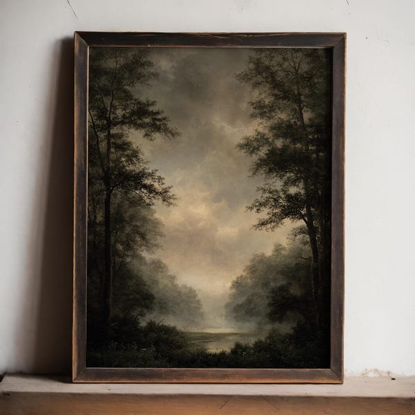 Décoration murale d'arbre au fusain de couleur sombre | Impression d'arbre antique | peinture à l'huile de forêt vintage | Décoration de ferme Cottagecore Academia sombre | Accent rustique