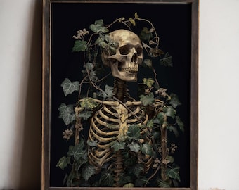 Botanical Skeleton Wall Art Print | Gothic Skull Decor | Dark Academia Home Decor | Occult Anatomy Artwork | Macabre Halloween Room Decor