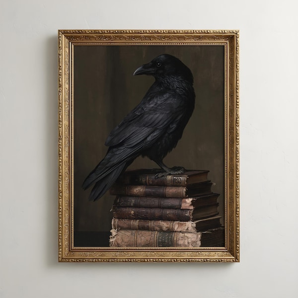 Raven Wall Art Portrait | Gothic Crow Portrait | Dark Cottagecore Library Decor | Moody Raven Art Print | Victorian Book Art | Occult Decor