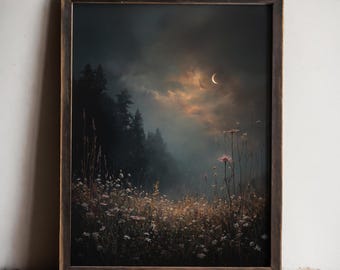 May include: A framed wall art print depicting a dark, moody landscape at night. The scene features a field of wildflowers in the foreground, a dense forest silhouette on the left, and a crescent moon glowing in a cloudy, twilight sky.