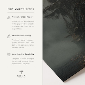 May include: A print with a dark, moody seascape. The image is printed on museum-grade paper with archival inks for long-lasting durability. The text on the left side highlights the high-quality printing process, including the paper type and ink used.
