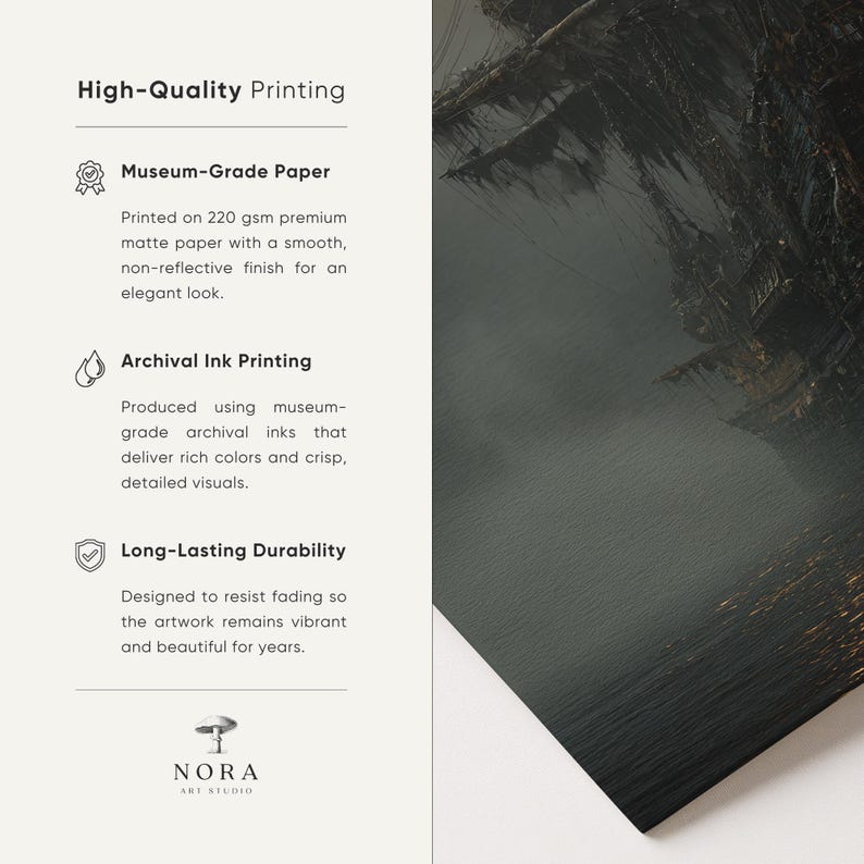 May include: A print with a dark, moody seascape. The image is printed on museum-grade paper with archival inks for long-lasting durability. The text on the left side highlights the high-quality printing process, including the paper type and ink used.