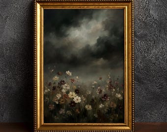 Moody Floral Wall Art Print | Dark Vintage Flower Painting Print | Romantic Moody Home Decor | Dark Cottagecore Landscape | Moody Botanical