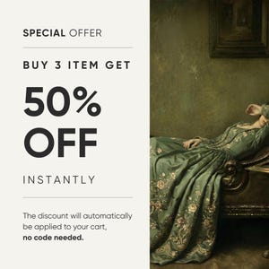 May include: A long-sleeved sage green dress featuring intricate floral embroidery in shades of gold and cream. The garment is worn by a person reclining on a dark wooden piece of furniture. Text on the left reads: SPECIAL OFFER BUY 3 ITEM GET 50% OFF INSTANTLY.