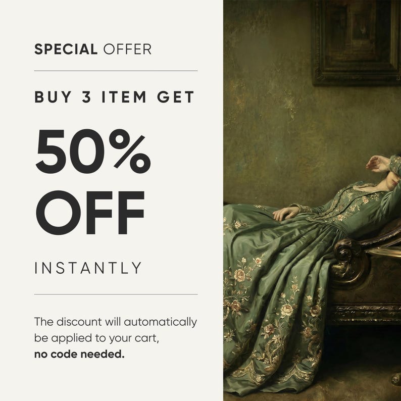 May include: A long-sleeved sage green dress featuring intricate floral embroidery in shades of gold and cream. The garment is worn by a person reclining on a dark wooden piece of furniture. Text on the left reads: SPECIAL OFFER BUY 3 ITEM GET 50% OFF INSTANTLY.