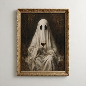 Väggkonsttryck med spöke som dricker vin | Vintage spökoljemålning | Spöklik mörk akademisk dekor | Stämningsfullt gotiskt konstverk | Halloween-vingåva