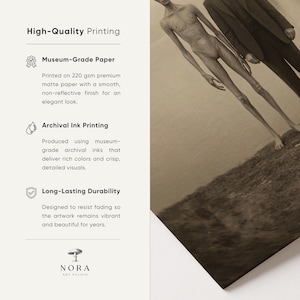 Puede incluir: Obra de arte en tonos sepia con dos figuras. La impresi&oacute;n es en papel de calidad de museo con tintas de archivo para colores vibrantes y durabilidad duradera. El texto dice "High-Quality Printing" y "NORA ART STUDIO".