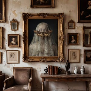 May include: An antique-style interior featuring a collection of framed portraits and mirrors on a textured wall. The focal point is a large portrait with a moth covering the subject's face, framed in ornate gold. A wooden table and chair complete the scene.