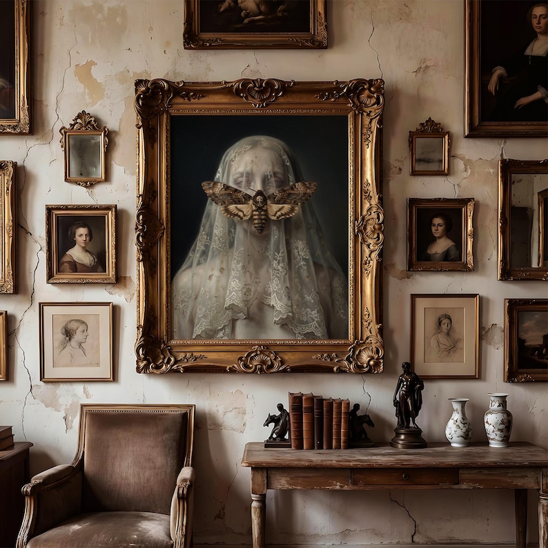 May include: An antique-style interior featuring a collection of framed portraits and mirrors on a textured wall. The focal point is a large portrait with a moth covering the subject's face, framed in ornate gold. A wooden table and chair complete the scene.