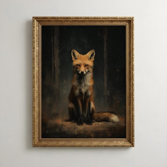 Fox Wall Art | Antique Fox Oil Painting | Dark Academia Gothic Room Decor | Rustic Cottagecore Fox Print | Fox Lover Gift | Moody Fox Print