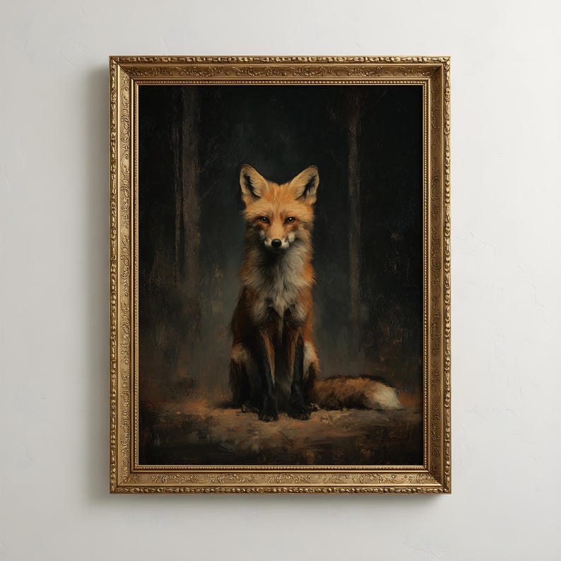 May include: A framed painting of a red fox sitting in a forest. The fox has a fluffy tail and is looking directly at the viewer. The painting is in a gold ornate frame, with a dark background.