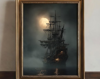May include: A framed print of a ghostly pirate ship sailing on dark waters under a full moon. The ship is silhouetted against the moon, with tattered sails and glowing cabin windows. The frame is gold.