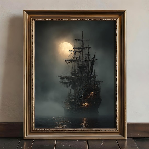 Ghost Ship Wall Art | Vintage Ocean Aesthetic Painting | Gothic Dark Sea Pirate Art Print | Dark Academia Decor | Moody Antique Oil Painting