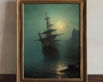 Ghost Ship Wall Art | Vintage Ocean Aesthetic Painting | Gothic Dark Sea Pirate Art Print | Dark Academia Decor | Moody Antique Oil Painting