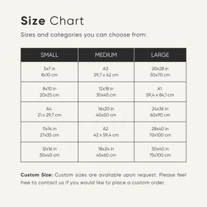 May include: A size chart with dimensions in inches and centimeters. The chart is divided into Small, Medium, and Large categories, listing various sizes like 5x7 in, 8x10 in, and A3 (29.7 x 42 cm). It also mentions custom sizes are available.
