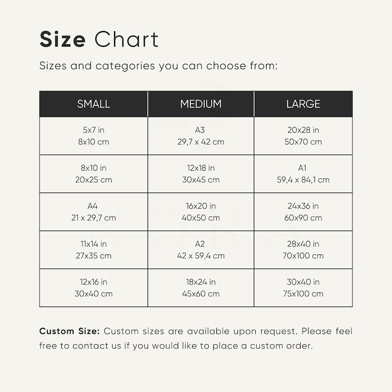 May include: A size chart with dimensions in inches and centimeters. The chart is divided into Small, Medium, and Large categories, listing various sizes like 5x7 in, 8x10 in, and A3 (29.7 x 42 cm). It also mentions custom sizes are available.