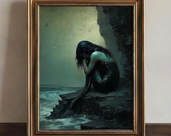 Mermaid Wall Art | Dark Ocean Seascape Painting | Fantasy Siren Fairytale Art | Dark Academia Cottagecore Mermaidcore Bedroom Wall Decor