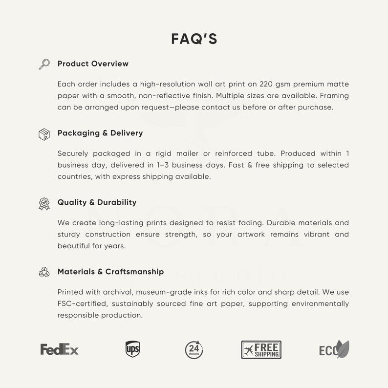 May include: An informational graphic titled "FAQ'S" with text describing wall art prints. Details include paper type, packaging, delivery, quality, durability, materials, and craftsmanship. Shipping logos for FedEx, UPS, and Free Shipping are also present.