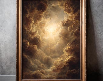 May include: A framed painting of a dramatic sky scene. The artwork shows golden clouds lit by a central light source, with rays of light shining through. The frame is a warm, ornate brown. The painting is in a brown frame.