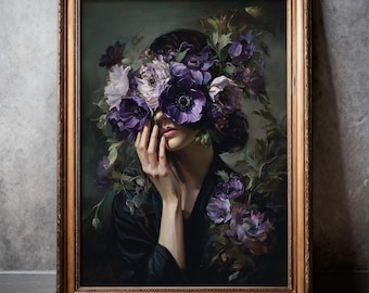 Purple Floral Wall Art | Moody Gothic Floral Portrait | Dark Academia Cottagecore Home Decor | Maximalist Violet Flower Art | Gothic Woman