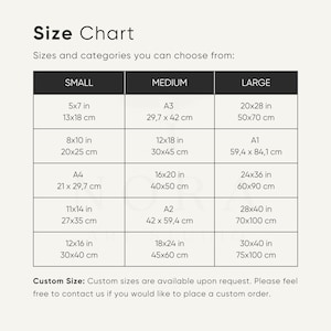May include: A black and white size chart titled Size Chart with categories Small, Medium, and Large. It lists various dimensions in inches and centimeters, including 5x7 in, 8x10 in, A4, 11x14 in, 12x16 in, A3, 12x18 in, 16x20 in, A2, 18x24 in, 20x28 in, A1, 24x36 in, 28x40 in, and 30x40 in.