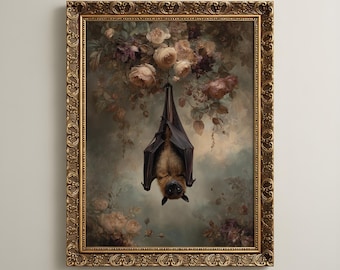 Gothic Bat Wall Art | Dark Cottagecore Botanical Print | Moody Victorian Floral Wall Art | Bat Lover Home Decor | Dark Academia Bedroom Art