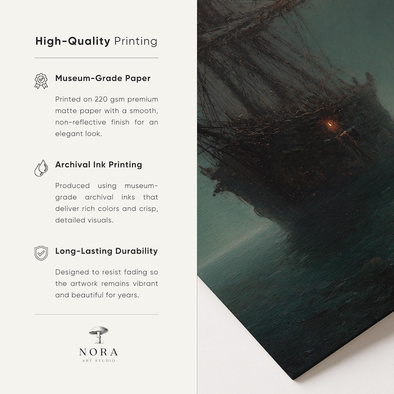 May include: A rectangular art print featuring a dark, moody painting of a ship at sea with a single glowing light. The left side displays text: High-Quality Printing, Museum-Grade Paper, Archival Ink Printing, Long-Lasting Durability, and NORA ART STUDIO.