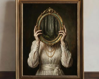 May include: A framed artwork depicts a person holding an oval mirror. The mirror reflects a dark forest scene. The person wears a white dress and a gold necklace. The frame is gold.