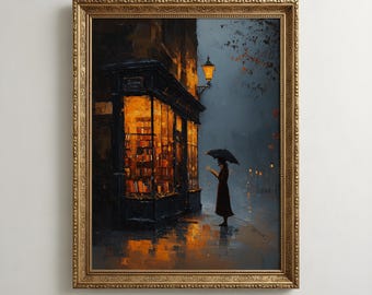 May include: A framed oil painting depicting a dark, rainy street scene at night. A person stands under a black umbrella, reading a book in front of a brightly lit bookstore window. The shop glows with warm orange light, contrasting with the cool blue tones of the evening rain and the dark, wet pavement.