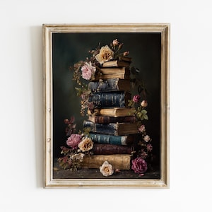 May include: A framed wall art print featuring a vertical stack of antique, weathered books in shades of brown, blue, and tan. The books are intertwined with blooming roses in pink, cream, and yellow, set against a dark, moody background.