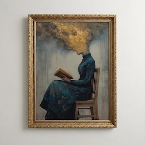 May include: A framed painting depicting a figure in a long teal dress sitting on a wooden chair while reading an open book. The figure's head is replaced by a textured, abstract cloud of gold paint against a muted, vertical-streaked gray background.