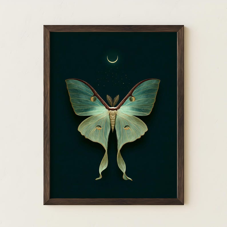 Moth Wall Art Print | Vintage Emerald Green Moth and Moon | Dark ...