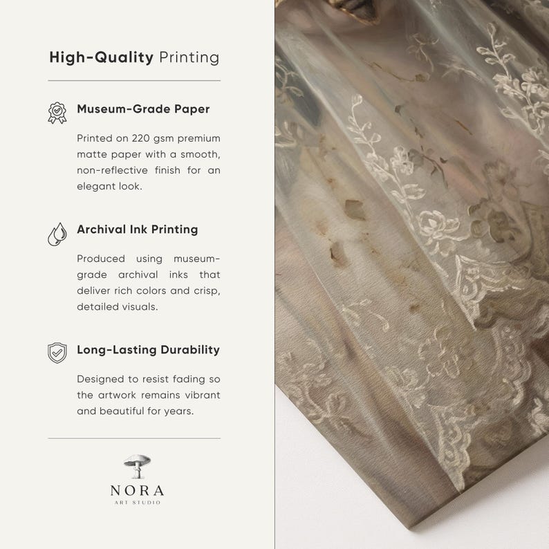 May include: Artwork print with a soft, non-reflective finish. The print is on museum-grade paper with archival inks for vibrant colors and long-lasting durability. The image includes the text "High-Quality Printing" and "NORA ART STUDIO".