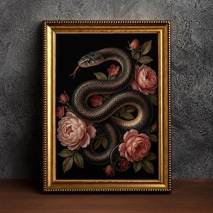 Muurdecoratie met slang en rozen | Gotische bloemenmuurdecoratie | Donkere academische kamerdecoratie | Victoriaanse botanische decoratie | Cadeau-idee voor slangenliefhebbers
