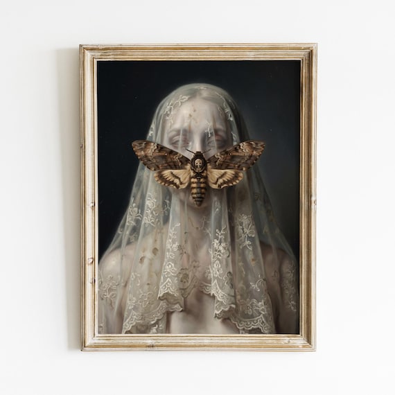 Gothic Wall Art | Veiled Woman Moth Oil Painting Art | Witchy Aesthetic Occult Poster | Dark Academia Moody Romance Halloween Decor Print