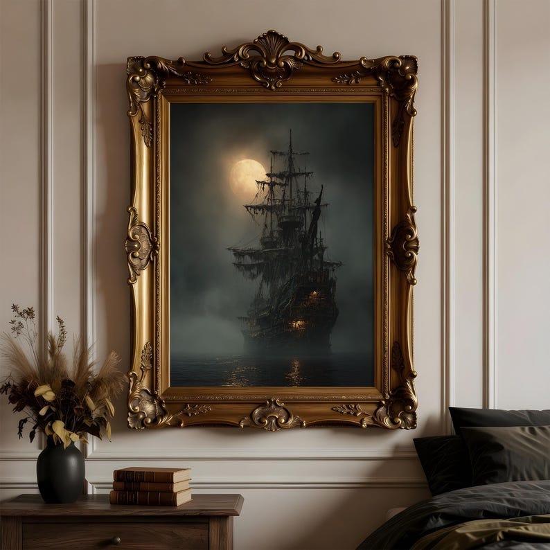 May include: A framed artwork depicting a ghostly ship sailing on dark waters under a full moon. The ornate gold frame surrounds the eerie scene, creating a vintage aesthetic. The artwork evokes a sense of mystery and adventure.