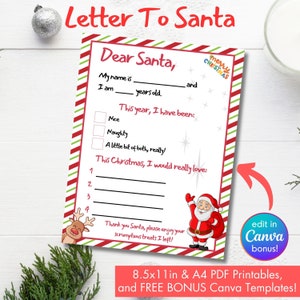 Carta a Papá Noel Carta de Papá Noel imprimible Plantilla de Canva de carta a Papá Noel editable para niños Plantilla de carta para la lista de Navidad de Querido Papá Noel