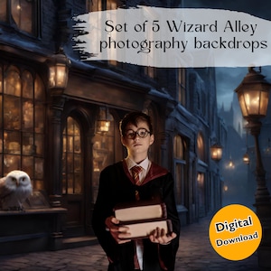 Könnte beinhalten: Ein digitaler Download von fünf Fotohintergründen, die eine dunkle, gepflasterte Straße mit einem magischen, zauberhaften Thema zeigen. Die Hintergründe sind perfekt, um fantasievolle Fotoshootings zu erstellen.