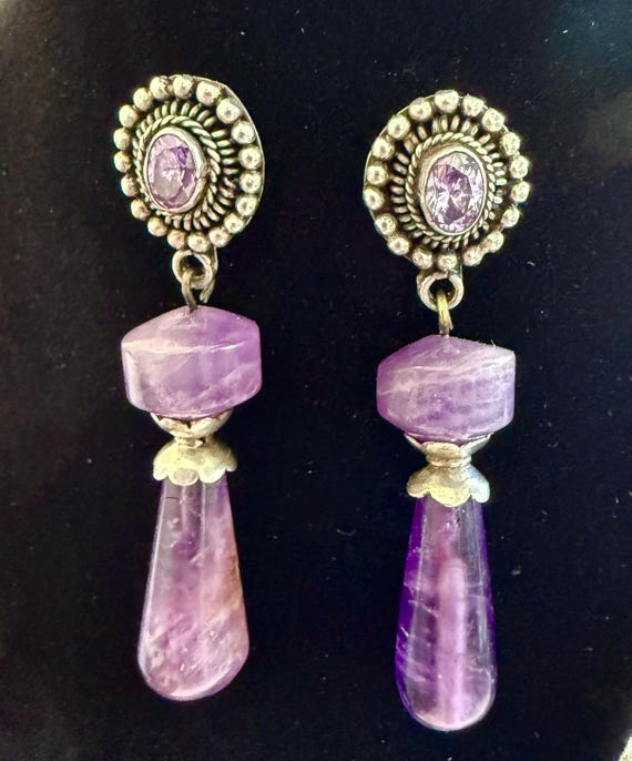 Artisan Large Amethyst Solid Sterling Silver Dang… - image 2