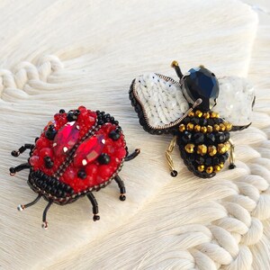 Handgemaakte lieveheersbeestjebroche, rode kristallen insectenspeld, keversieraden, luxe statement rugzakspeld