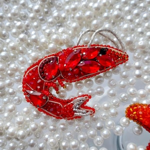 Elegant red shrimp shrimp brooch_Ocean Embroidery brooch_Shrimp Beaded Brooch_Beaded Prawn Brooch_Ocean Brooch